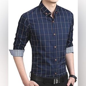 YTD Men's 100% Cotton Long Sleeve Plaid Slim Fit Button Down Dress Shirt - Large